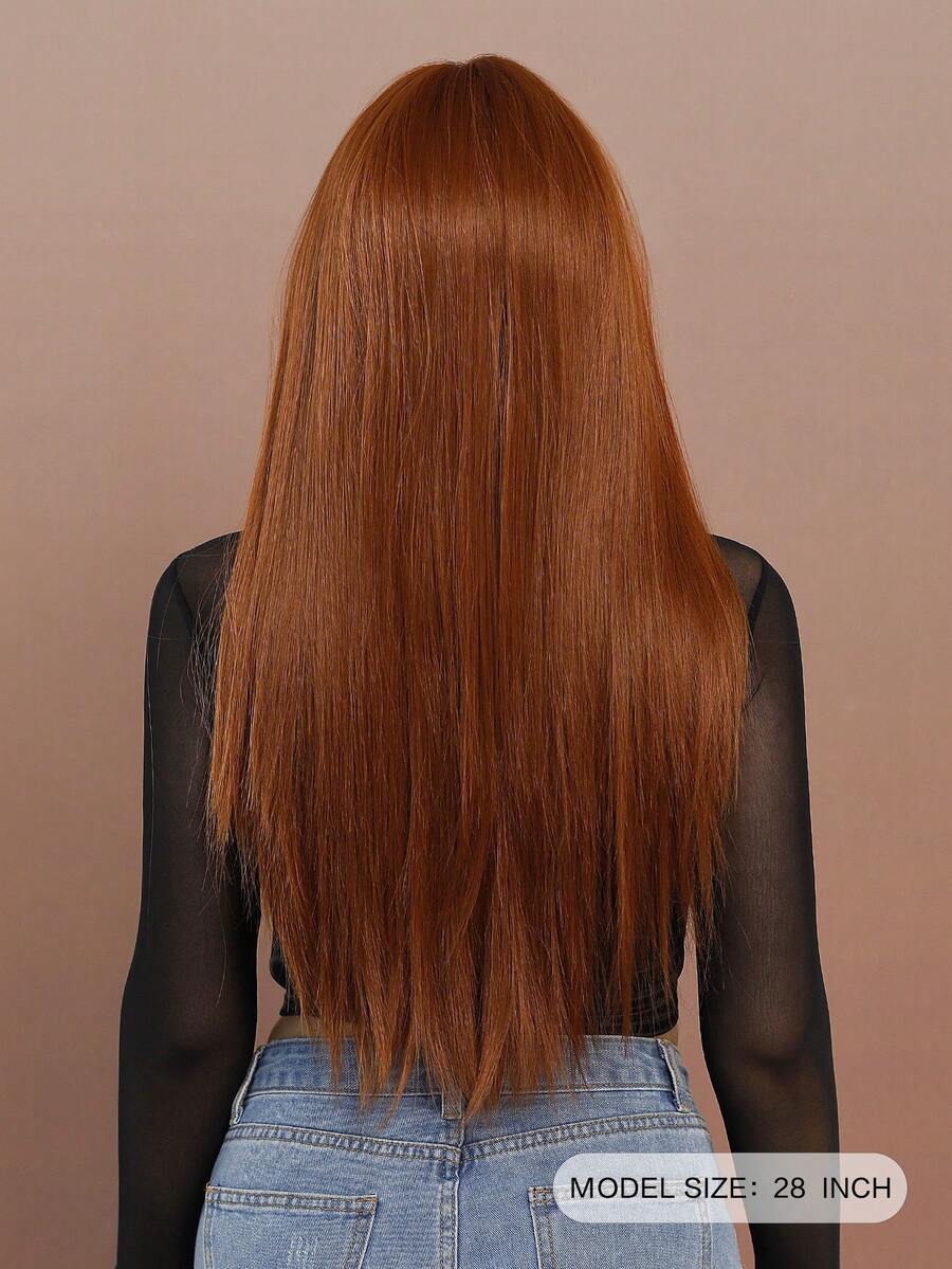 7JHH WIGS 28英寸橙棕色刘海假发，女士长直合成假发，柔软耐热纤维假发，适合日常佩戴、派对、角色扮演