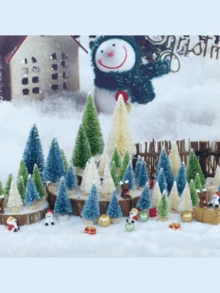 5 件迷你圣诞村树瓶刷树剑麻雪森林树带圣诞花环，圣诞树圣诞装饰品小雪松家居人造桌面装饰最佳礼物 - 彩色 - 查看 1