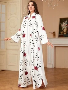 Siskakia 女士 Abayas 花卉图案 V 领开衩下摆端庄长袖长裙摩洛哥伊斯兰长袍阿拉伯斋月穆连衣裙 - 白色 - 查看 3