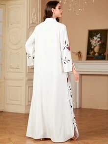 Siskakia 女士 Abayas 花卉图案 V 领开衩下摆端庄长袖长裙摩洛哥伊斯兰长袍阿拉伯斋月穆连衣裙 - 白色 - 查看 5