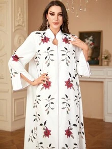 Siskakia 女士 Abayas 花卉图案 V 领开衩下摆端庄长袖长裙摩洛哥伊斯兰长袍阿拉伯斋月穆连衣裙 - 白色 - 查看 7