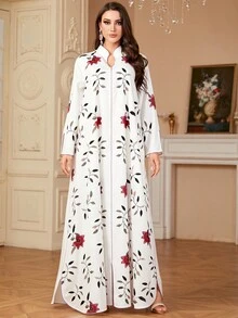 Siskakia 女士 Abayas 花卉图案 V 领开衩下摆端庄长袖长裙摩洛哥伊斯兰长袍阿拉伯斋月穆连衣裙 - 白色 - 查看 4