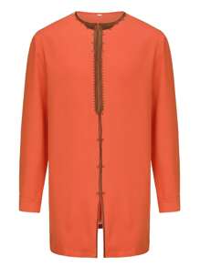 Novo Terno de Casamento Masculino 2 Peças, Calça, Camiseta, Terno Elegante, Cor Sólida, Bordado, Terno Social Clássico Masculino - Laranja - Visão 4