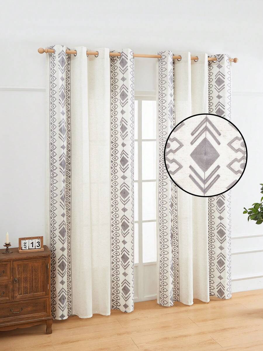 1pc Thick Linen Lattice Embroidered Hollow Window Curtain, Bohemian Style Lattice Embroidered Curtain, Machine Washable, Suitable For Living Room, Bedroom, Office Home Decoration - Grey - View 1