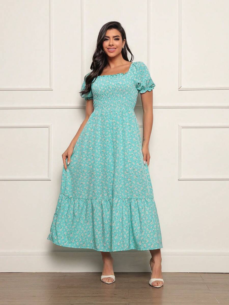 Long Dress With Puffed Sleeves Elastex Print - 淺藍色 - 查看 1