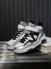 1 Pair Unisex Kids Fashion Mixed Material High-Top Sneakers, Waterproof & Comfortable, Suitable For All Seasons - Silver - View 1