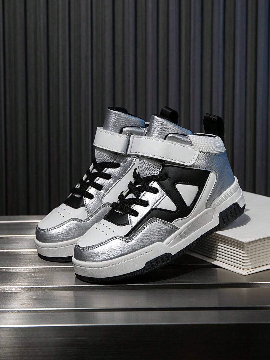 1 Pair Unisex Kids Fashion Mixed Material High-Top Sneakers, Waterproof & Comfortable, Suitable For All Seasons - Silver - View 1