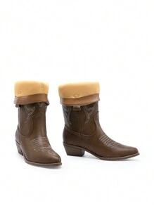 BURUDANI Women's Classic Western Cowboy Boots Slip-On Pointed Toe Embroidery Matching Dress Music Festival Party Farm Mid-Calf Brown Boots - 棕色 - 查看 11
