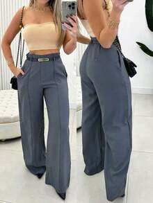 Calça Feminina Social Pantalona Wide Leg Alfaiataria Com Cinto - Cinza - Visão 2