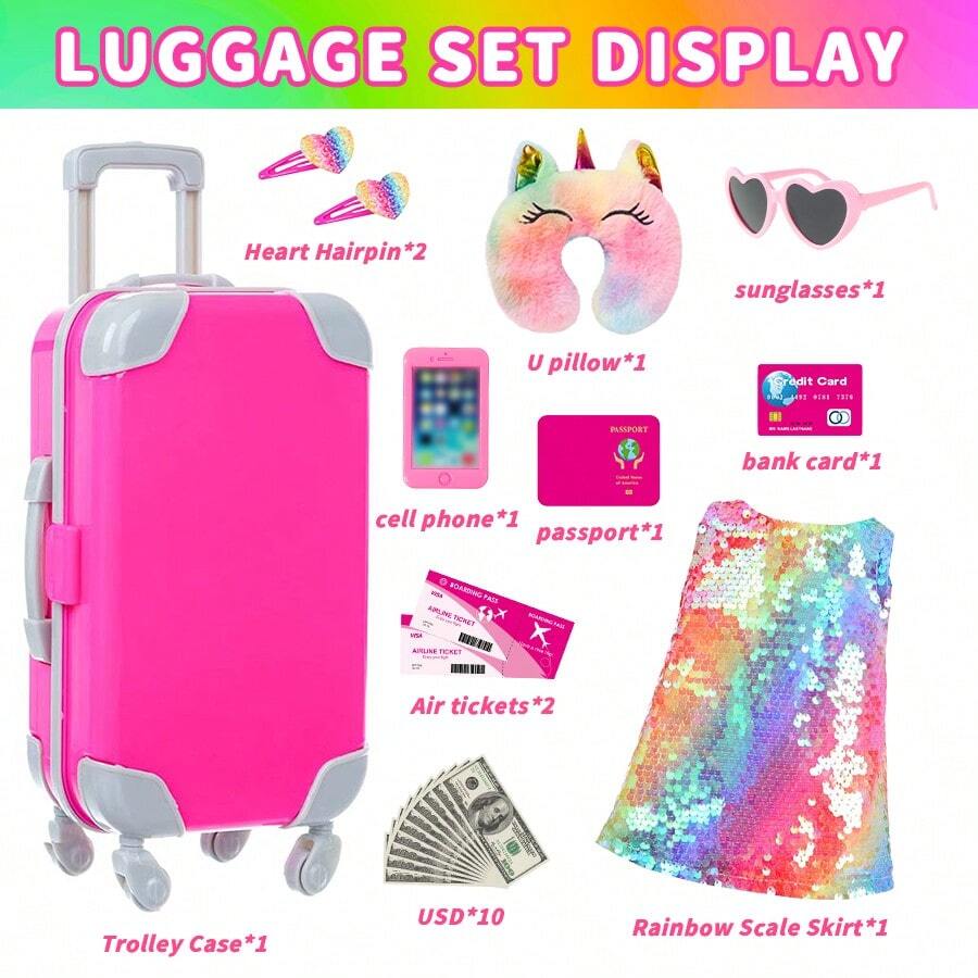 16-18 英寸仿真娃娃重生娃娃彩虹鳞片裙爱心眼镜红色拉杆箱 U 形枕头发卡手机机票护照信用卡美元宝宝的完美礼物！圣诞节生日礼物婴儿娃娃配件（不含娃娃） - 18吋的衣服和配件 - 查看 1