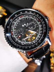 JARAGAR 1 Đồng hồ cơ thể thao quân đội nam có Tourbillon, bộ máy rỗng, mặt số đa chức năng có hiển thị thứ, ngày và 24 giờ, kim phát sáng, dây da thời trang màu đen, tự động lên dây cót, đồng hồ phong cách phi công, quà tặng sinh nhật/ngày lễ - màu đen - Xem 10