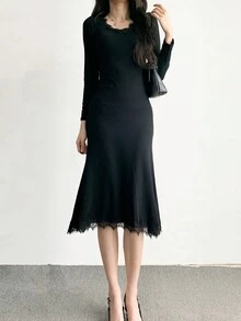 优雅淑女荷叶边腰蕾丝连衣裙，2025 年春夏 - 黑色 - 查看 4