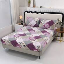 3pcs Printed Brushed Fitted Sheet Set [1pc Fitted Sheet + 2pcs Pillow Cases] Without Duvet. [Pillow Case Color Random]. No Filler. Soft & Comfortable. Suitable For Bedroom, Hotel, Dorm, School, Vacation Rental
