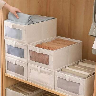 cesto organizador roupa cobertor casacos armário  40X27X17 CM Linho Poliéster + TNT bege