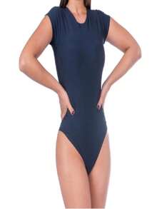 Round Neck Bodysuit Short Sleeves Suplex Fabric Shaping Without Neckline - 藏蓝色 - 查看 3