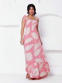 Long Printed Stretch Dress With Straps - Pink - View 3