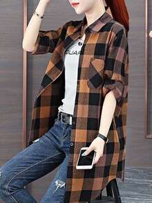 女式前扣长袖格子口袋休闲衬衫，日常穿着 - 彩色 - 查看 3