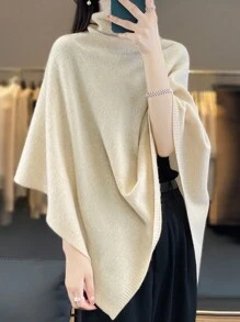1pc Women 100% Merino Wool Oversized Turtleneck Knit Scarf Wrap, Slouchy Asymmetrical Cape Poncho - Multifunctional Shawl - View 3