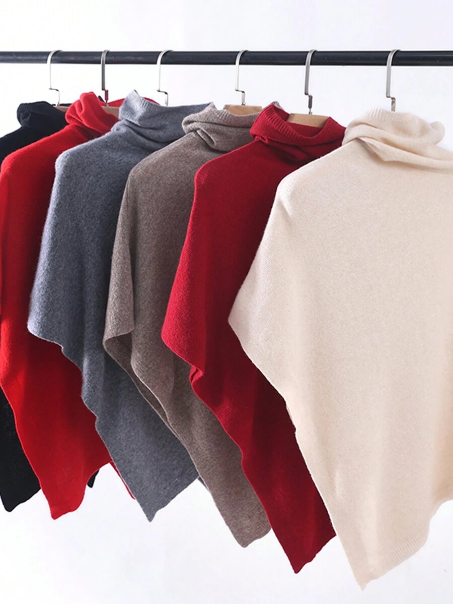 1pc Women 100% Merino Wool Oversized Turtleneck Knit Scarf Wrap, Slouchy Asymmetrical Cape Poncho - Multifunctional Shawl - View 1