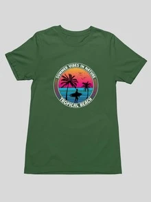 Men's Basic T-Shirt With Summer Vibes In Nature Print, 100% Cotton Fabric, Short Sleeve, Round Neck - xanh quân đội - Xem 2
