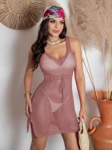 Summer Short Knitted Beach Cover-Up Dress With Adjustable Drawstring And Slit - 老玫瑰 - 查看 2