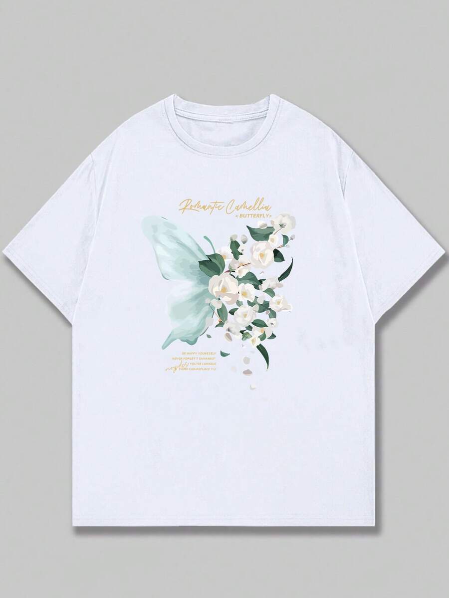 Butterfly Flower T-Shirt Unisex Blouse Premium Print Comfort Casual Streetwear - trắng - Xem 1