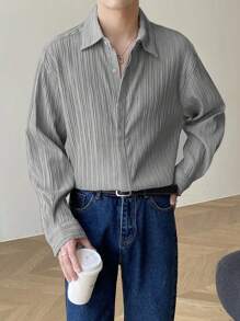 时尚男士休闲纯色海浪纹理编织面料衬衫，优雅简约设计适合户外活动、通勤、百搭领口长袖必备衬衫 - 灰色 - 查看 3