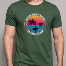 Men's Basic T-Shirt With Summer Vibes In Nature Print, 100% Cotton Fabric, Short Sleeve, Round Neck - xanh quân đội - Xem 1
