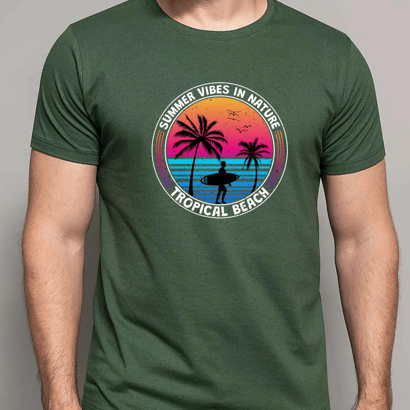 Men's Basic T-Shirt With Summer Vibes In Nature Print, 100% Cotton Fabric, Short Sleeve, Round Neck - xanh quân đội - Xem 1