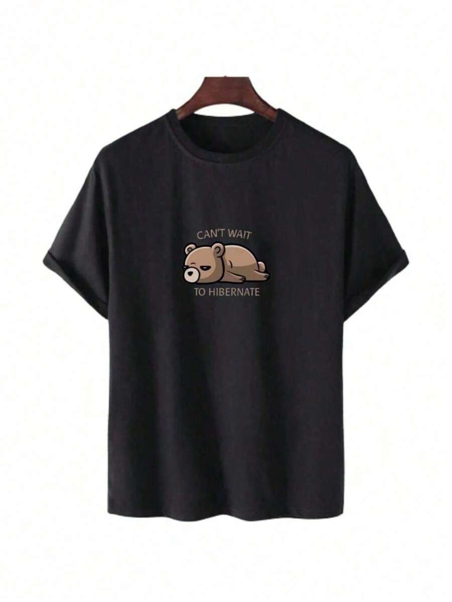 Unisex Hibernating Bear T-Shirt 100% Cotton SILPJ1 - 黑色 - 查看 1
