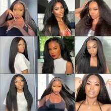 250% Density Kinky Straight Wig Human Hair 13x4 HD Lace Front Wigs Human Hair Wigs For Women Yaki Straight Human Hair Wig Glueless Frontal Wigs Human Hair Pre Plucked - Natural Black - 查看 9