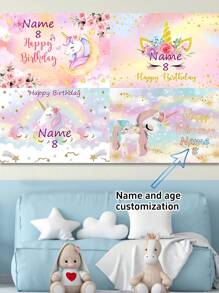 1pc Customized Rainbow Unicorn Happy Birthday Party Decoration Watercolor Floral Glitter Stars Photography Backdrop, Customizable Name And Age