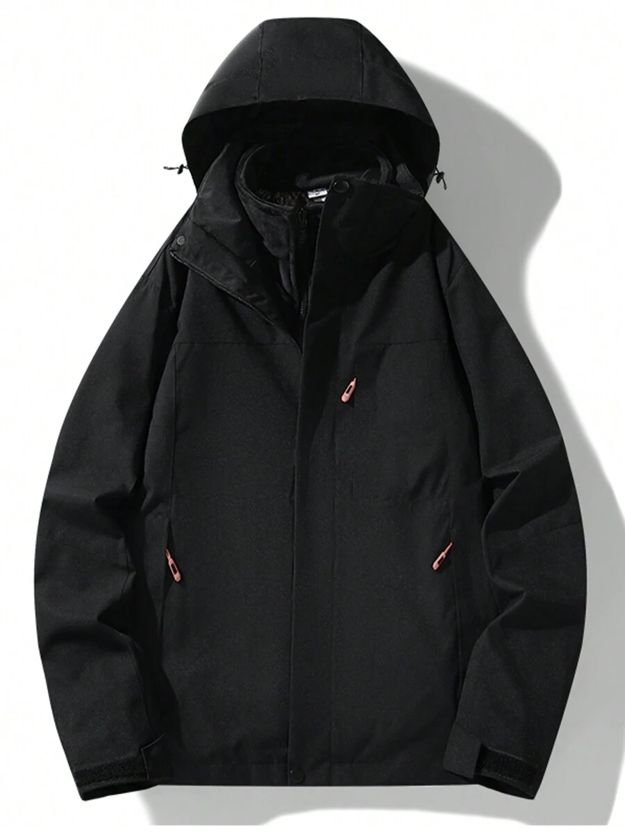 Áo khoác nữ 3 trong 1 với lớp lót lông cừu có thể tháo rời - Áo khoác có mũ nhẹ, ấm áp, thích hợp cho hoạt động ngoài trời và mặc hàng ngày. - màu đen - Xem 1