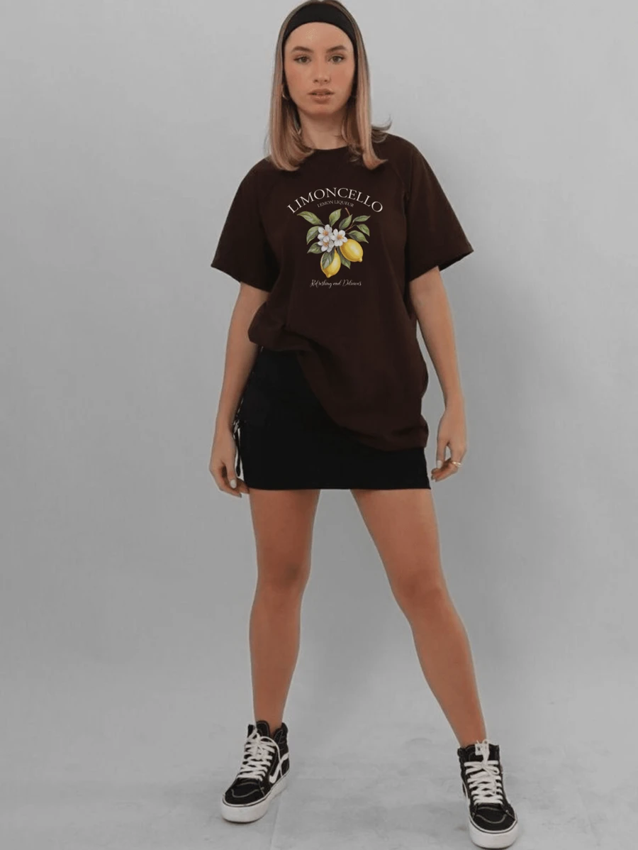Women's 100% Cotton T-Shirt Minimalist Print Lemon Print T-Shirt - 鏽棕色 - 查看 1