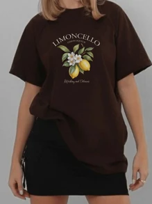 Women's 100% Cotton T-Shirt Minimalist Print Lemon Print T-Shirt - 鏽棕色 - 查看 3