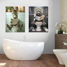 2 pièces Affiche sur canevas avec animaux humoristiques, Art sur canevas avec un âne drôle sur les toilettes - Retriever doré noir lisant des journaux sur les toilettes, Décoration murale créative pour salle de bain, Décoration de chambre à coucher, SANS cadre