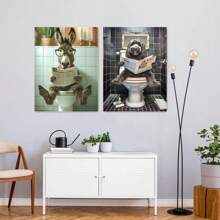 2 pièces Affiche sur canevas avec animaux humoristiques, Art sur canevas avec un âne drôle sur les toilettes - Retriever doré noir lisant des journaux sur les toilettes, Décoration murale créative pour salle de bain, Décoration de chambre à coucher, SANS cadre