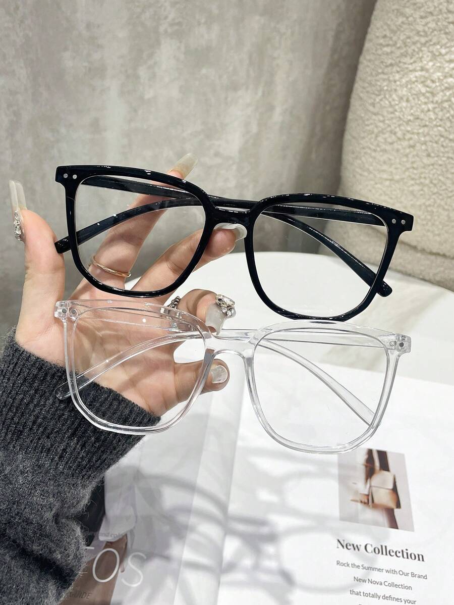 2pcs/Set Retro & Classic Square Frame Rivet Fashion Transparent Eyeglasses For Men