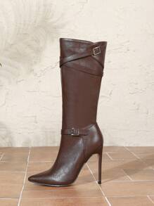 性感时尚皮带扣尖头细高跟鞋休闲百搭侧拉链咖啡色女靴 - 咖啡棕 - 查看 6