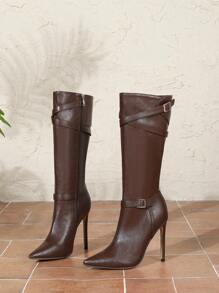 性感时尚皮带扣尖头细高跟鞋休闲百搭侧拉链咖啡色女靴 - 咖啡棕 - 查看 7