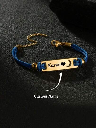 Personalized Color Rope Curved Sign Engraving Bracelet,Customized Hollow Moon Heart Bracelet,Stainless Steel Customized Name Bracelet Blue Pink Braided Rope Bracelet,Birthday Gift School Gift,Halloween Decoration, Halloween, Christmas Gifts