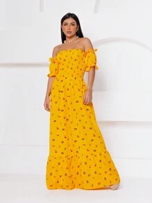 Long Dress With Puff Sleeves, Cherry Print - Yellow - View 2