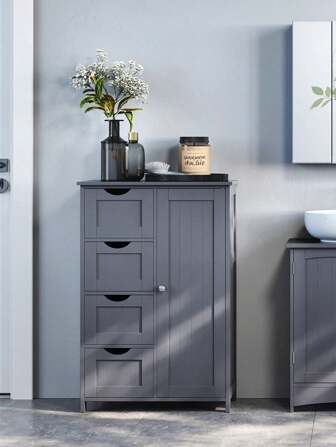 VASAGLE Bathroom Floor Storage Cabinet, Wooden Storage Unit With 4 Drawers, Single Door, Adjustable Shelf, For Living Room, Kitchen, Entryway, Grey