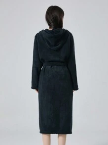 1pc Autumn/Winter Thermal Lined V-Neck Long Cardigan Robe, Coral Fleece Lined Long Sleeve With Pockets Casual Plush Robe, Women Sleepwear