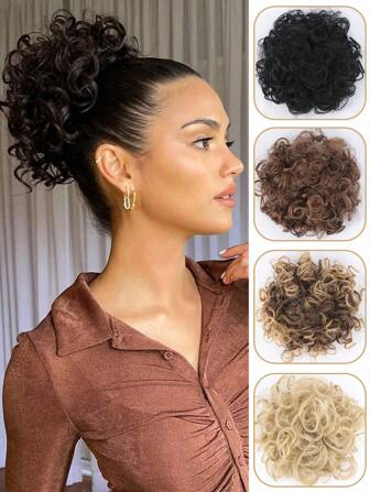 Black Blonde Brown Grey Short Afro Puff Kinky Curly Drawstring Hair Bun Wig Hair Ponytail Clip In Hair Bun Chignon Updo Synthetic HairPiece For Women