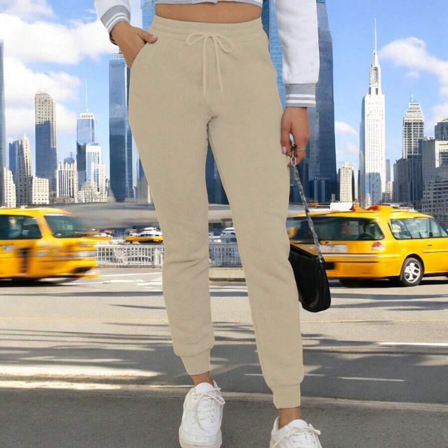 Women's Fleece Jogger Pants With Adjustable Drawstring And Side Pockets F-1 - Beige - View 1