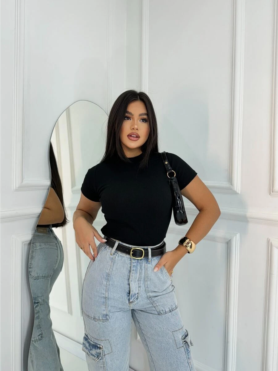 Women's Basic Ribbed Premium Blouse Short Sleeve T-Shirt Fashion 2025 Casual T-Shirt - màu đen - Xem 1