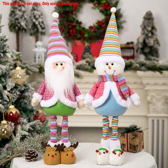 1pc/2pcs Set, 26.4in*4.3in Christmas Decoration Ornaments Knitted Fabric Rainbow Extendable Retractable Legs Christmas Decorations, Lovely Colorful Santa Claus Snowman Figure Ornaments Christmas Holiday Decoration Gnomes Suitable For Holiday Party Decoration