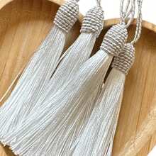 10pçs Aplique Pingente Tassel de luxo pompom com tulipa poliéster franja 9cm - Branco - Visão 5