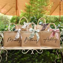 可定制伴娘名字帆布手提包配围巾、亚麻手提包、新娘送礼会礼物、沙滩包、单身派对礼物、伴娘礼物 - 黃色 - 查看 5